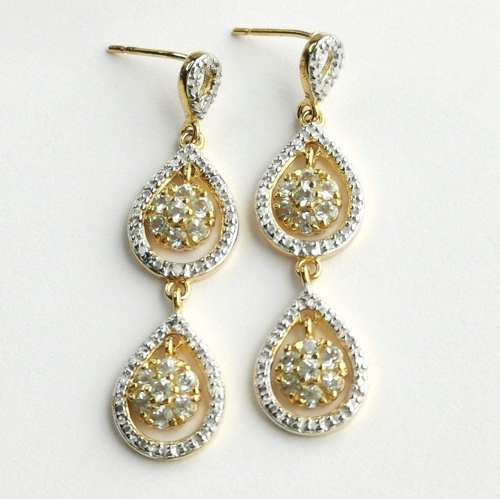 NEW, aquamarine and diamond dangle earrings 14k gold vermeil